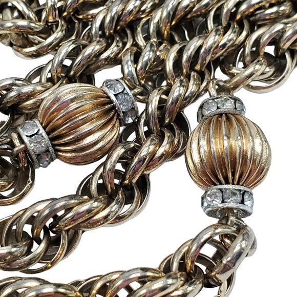 Vtg Signed Eisenberg Gold Tone Necklace Twist Chain Rhinestone Beads 50" Chunky - Picture 11 of 11